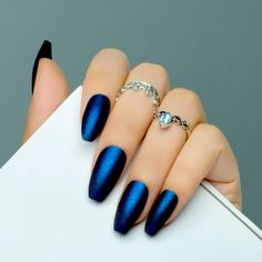 New In Box Blue Matte Nails, Dark Blue Nails, Navy Blue Nails, Blue Acrylic Nails, Coffin Press On Nails, Blue Nail, Sparkle Nails, Fake Nail, Glam Nails