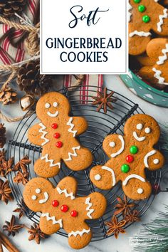 gingerbread cookies on a cooling rack with christmas decorations