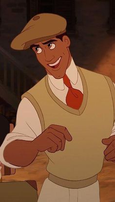 an animated man wearing a hat and vest pointing at something in front of the camera