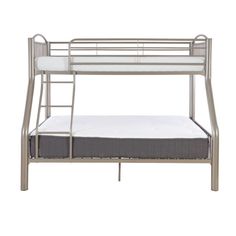 a metal bunk bed with mattress underneath it