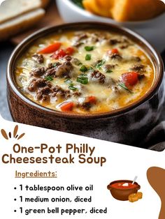 a bowl of cheesesteak soup is shown with other dishes in the background and an ad for one pot philly cheesesteak soup