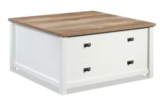 a white chest with two drawers on one side and a wooden top in the other