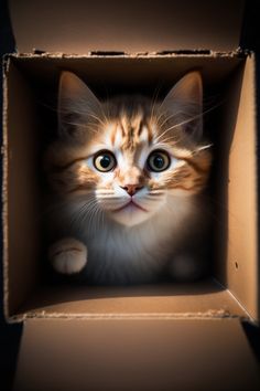 an orange and white kitten peeking out from inside a cardboard box