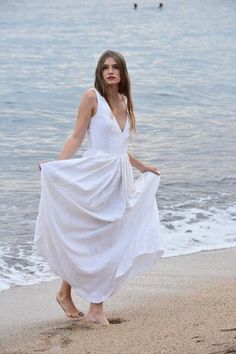 Our Mina Linen Dress in White – Luxe Provence - A Slow Fashion Brand from the South of France White Linen V-neck Dress, Linen V-neck Beach Dress, Off-white Linen Beach Dress, White Linen V-neck Midi Dress, White V-neck Linen Beach Dress, Barefoot Bride, Summer Linen Dresses, Slow Fashion Brands, The South Of France