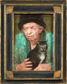 an old man holding a cat in his arms and wearing a black hat with flowers on it