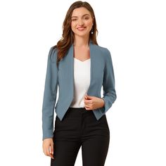 Shell: 95% Polyester, 5% Spandex. Lining: 100% Polyester. It creates a modern sleek look even at the office with this stunning cropped office blazer jacket. This smart collarless blazer features an angled hem that's shorter in the back for a fashionably cool look. An open-front design with hook eye closure for showing your amazing top inside. This piece makes you outstanding whether for a professional or a casual look. Suitable for Office look. Collarless Blazer, Cropped Blazer Jacket, Crop Blazer, Cropped Blazer, Long Sleeve Blazers, Work Office, Sleek Look, Chic Woman, Grey Blue