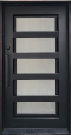 an image of a black door with frosting on the glass and metal bars at the top