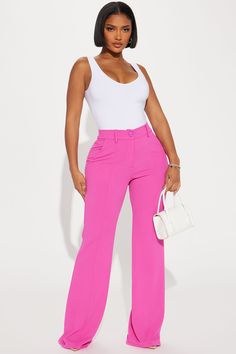 Available In Fuchsia And Black. Trouser Pant High Rise Button & Zip Closure Wide Leg Pintuck Front Stretch 95% Polyester 5% Spandex Imported | Heidi Wide Leg Trouser Pant in Fuchsia size 1X by Fashion Nova Blazer Set, Bottom Clothes, Pin Tucks, Trouser Pants, Pink Fashion, Bottoms Pants, Fashion Nova, Wide Leg, Pants For Women