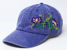 Flower is 100% hand embroidered on a 100% cotton wash black baseball cap. Hat is one size fits all with adjustable back strap. Unique cap, one of a kind! I am also open for customization. If you want the item in different colors, please message me, it will take additional 2-3 days of handling time. Free first class shipping, upgradable priority mail service. 30 days return policy, feel confident at your purchase! Embroidered Blue Spring Hats, Spring Embroidered Blue Hats, Blue Embroidered Spring Hats, Blue Embroidered Curved Brim Hats, Blue Embroidered Baseball Cap For Summer, Blue Embroidered Visor Baseball Cap, Embroidered Blue Dad Hat Adjustable, Blue Hats With Embroidered Logo For Spring, Blue Embroidered Adjustable Dad Hat