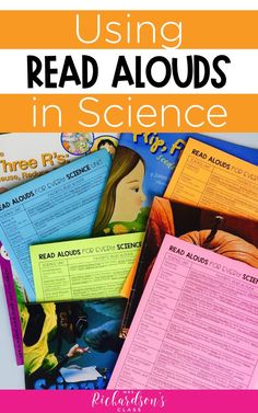 some books are stacked on top of each other with the title, science read aloud list freebie