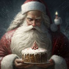 a painting of santa holding a cake with a lit candle