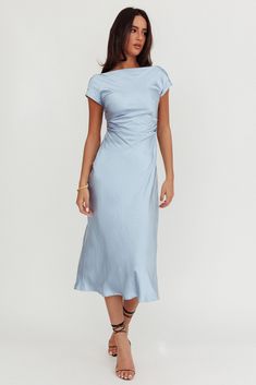 Loveland Cap Sleeve Cowl Back Midi Dress Baby Blue by Selfie Leslie Stormy Blue Bridesmaid Dress, Formal Light Blue Dress, Dusty Blue Wedding Guest Outfit, Something Blue Crew Dresses, Light Blue Mother Of The Bride Dress, Something Blue Dress, Baby Blue Dress Outfit Wedding, Graduation Dress Guest, Satin Dress With Short Sleeves