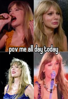 four different pictures of taylor swift and taylor's singing in the same song, one with