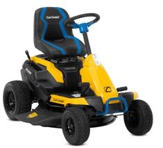 a yellow and blue lawn mower sitting on top of a white surface with the seat up