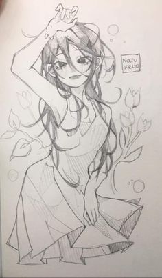 a pencil drawing of a girl with her arms behind her head and hands on her hips