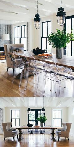 two pictures of a dining room table and chairs