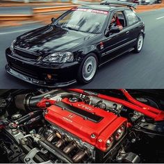 two pictures side by side one shows the engine and the other shows the car