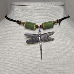 Dragonfly Pendant Green Ceramic Beaded Boho Hippie Adjustable Black Rope Cord Choker Necklace Comes On An Adjustable Waxed Black Cord Necklace. Necklace Is Adjustable From Approximately 13" To 22".