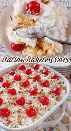 an italian bakes cake with cherries and nuts on top is served in a white casserole dish