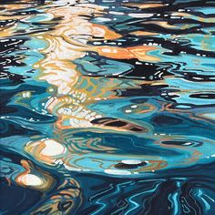 an abstract painting with blue, yellow and orange colors on it's water surface