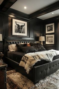 a large bed sitting in a bedroom next to two framed pictures