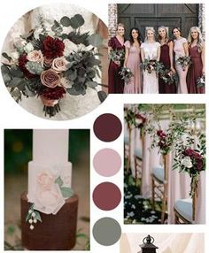 wedding color palettes with burgundy and white flowers, greenery and candles for the bride's bouquet