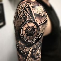 a woman with a tattoo on her arm has a clock and other things in it