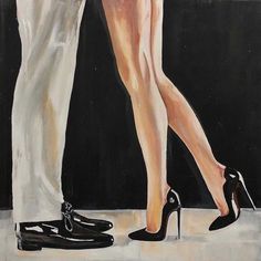 a painting of two people standing next to each other with high heels on the ground