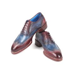 Paul Parkman Luxury Handmade Shoes Goodyear Welted Two Tone Wingtip Oxfords Blue & Bordeaux Oxfords (PM5651) Material: Calf-skin Leather Color: Hand-painted Blue / Bordeaux Hardware: None Outer Sole: Goodyear welted, double leather sole Round toe wingtip oxfords for men Blue leather lining and inner sole Bordeaux laces with five eyelet Comes with Original box and dustbag. PAUL PARKMAN creations are all made strictly by hand in a small factory in limited numbers. They feature obsessive research i Brown Oxfords, Oxford Blue, Wingtip Oxford, Painting Leather, Shoe Size Conversion, Goodyear Welt, Mens Oxfords, Handmade Shoes, Blue Shoes