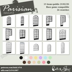 an image of windows and doors with the words parisian on them in different colors, sizes and