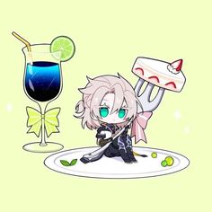 an anime character sitting on the floor next to a glass of wine and a slice of lime