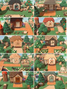 several images of different houses and trees in the game animal crossing, with animals walking around them