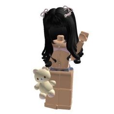 a doll with black hair holding a teddy bear and standing next to a cardboard box