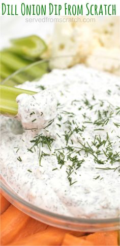 dill onion dip from scratch on a plate with carrots and celery