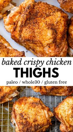 baked crispy chicken thighs on a cooling rack with the words, baked crispy chicken thighs