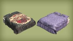 there are two beds with purple and blue covers on each bedding, one has a flowered design on it