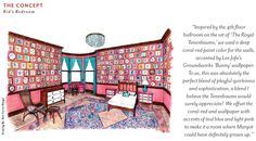 a drawing of a living room with pink walls and colorful carpeted flooring is featured in the article