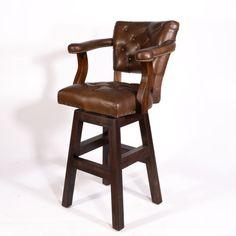 a brown leather bar stool with an armrest and foot rests on a white background