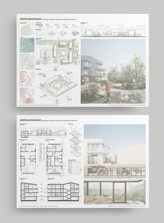 two pages showing plans for a house and an apartment building with lots of windows on each side