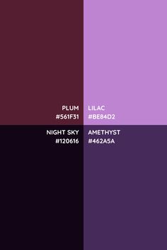 the color scheme for plum, lila and black is shown in three different shades with white letters