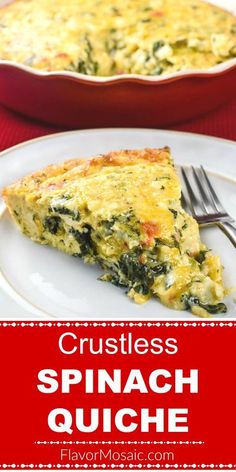 crustless spinach quiche on a white plate with a red and white border