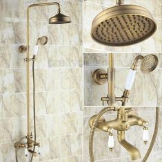 the shower head and handset are shown in three different pictures, one is gold