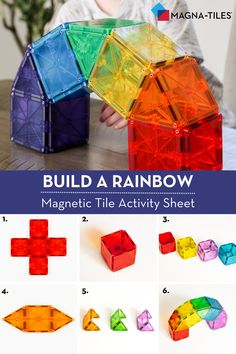 the instructions to build a rainbow magnetic tile activity sheet for toddlers and older children