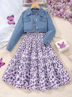 Tween Girls' Long Sleeve Denim Jacket And Floral Print Cami Dress Set Purple Casual    Plants  Non-Stretch  Tween Girls Clothing, size features are:Bust: ,Length: ,Sleeve Length: Outfits For 6 Year Girl, Preteen Outfits For Girls, Cute Dresses Modest, Jacket For Girls, Preteen Fashion, Girls Denim Jacket, Cheap Kids Clothes, Cute Outfits With Jeans