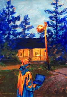 a painting of a woman holding a blue box in front of a street light and building