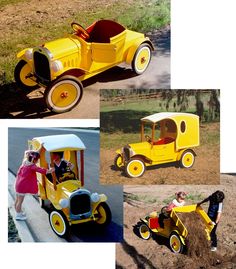 four different pictures of children playing with toys in the dirt and grass, including a yellow toy car