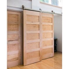 Five Panel Horizontal Sliding Barn Door - Sliding Barn Door Hardware by RealCraft Sliding Cabinet Door Hardware, Barn Door Floor Guide, Custom Exterior Doors, Sliding Cabinet Doors, Modern Sliding Barn Door, Barn Door Installation, Modern Entry Door, Modern Exterior Doors, Custom Barn Doors