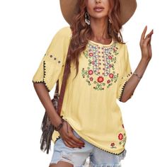 E-Rtro Yellow Floral Embroidered Half Sleeve Tunic One-Size Elevate Your Casual Wardrobe With The E-Rtro Yellow Floral Embroidered Half Sleeve Tunic. This One-Size Tunic Features A Vibrant Yellow Hue And Delicate Floral Embroidery, Adding A Touch Of Bohemian Charm To Your Look. The Half Sleeves Provide A Relaxed And Comfortable Fit, Making It An Ideal Choice For A Stylish And Easygoing Ensemble. Key Features: * One-Size * Vibrant Yellow Hue * Delicate Floral Embroidery * Half Sleeves For A Relax Yellow Embroidered Short Sleeve Top For Spring, Spring Yellow Top With Floral Embroidery, Yellow Floral Embroidered Top For Spring, Spring Yellow Floral Embroidered Top, Yellow Floral Embroidery Tops For Vacation, Embroidered Yellow Tops For Vacation, Yellow Embroidered Top For Vacation, Retro Floral Embroidered Summer Tops, Retro Summer Tops With Floral Embroidery