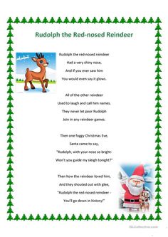 rudolph the red - nosed reindeer worksheet with pictures and words for kids to read