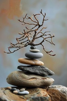 some rocks and a tree are stacked on top of each other